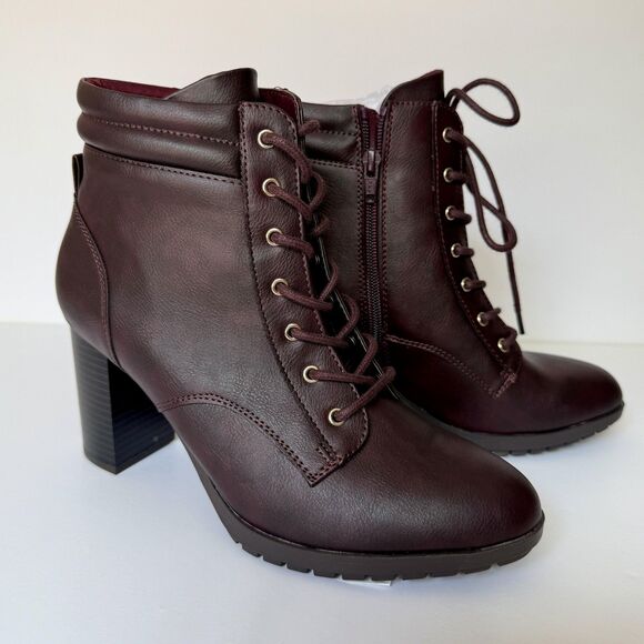 Style & Co Boots Womens Size 8.5 Wine Laurellee Lace Up Zip Ankle Block Heel - Picture 1 of 11